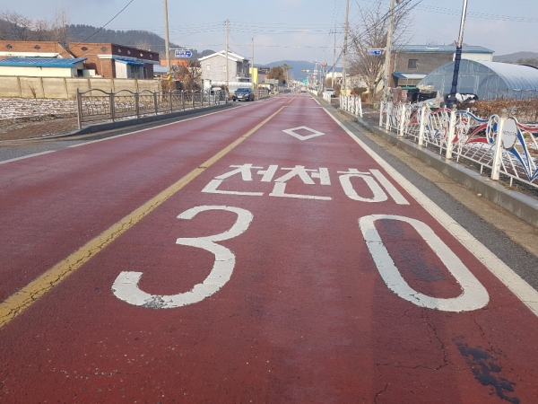 어린이보호구역 스쿨존의 운행속도를 30km이하로 제한하고 과속단속카메라설치를 의무화하고 있으나 아직 설치되지 않은 수정초 앞 도로